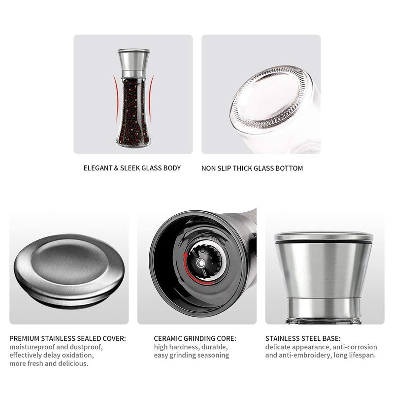 Herda Salt and Pepper Grinder - Refillable 304 Brushed Stainless Steel Shaker - Adjustable Ceramic Sea Salt & Pepper Grinder - Tall Glass Salt- Pepper Mill & Salt Mill (2Pcs) - Image 4